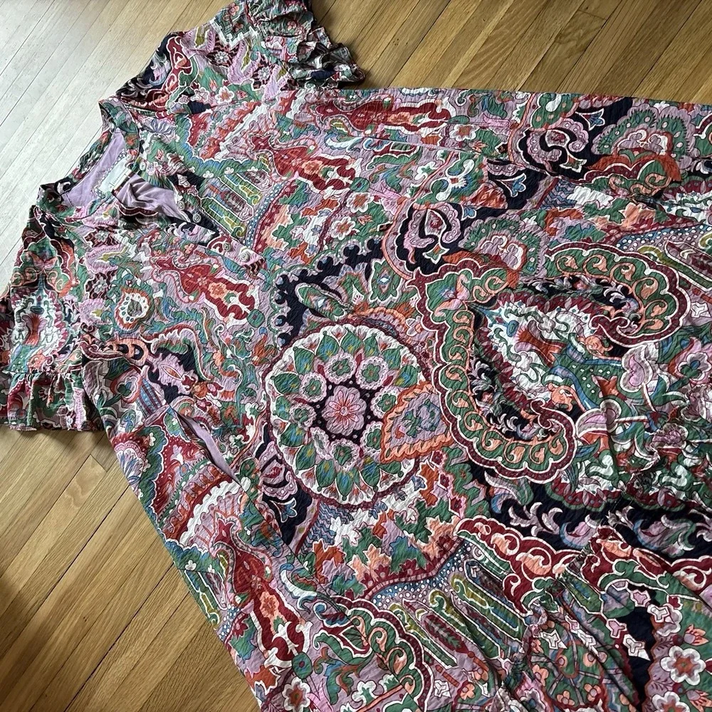 Anthropologie Antoinette Pink Paisley Boho‎ Floral Maxi Shirt Dress Relaxed Boho